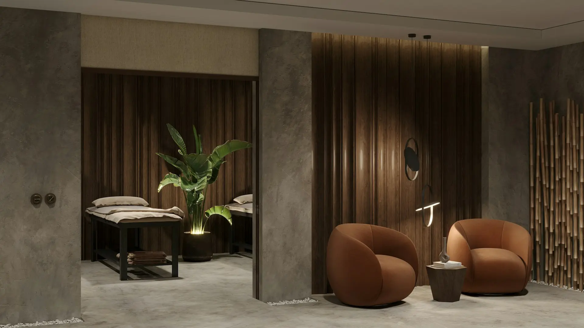 Warm, softly lit spa lounge with wood paneling and plants